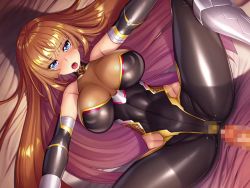 Rule 34 | 1boy, 1girl, aoi nagisa (metalder), ass, bed, breasts, brown hair, cameltoe, censored, cum, cum in mouth, curvy, embarrassed, erection, fingerless gloves, game cg, gloves, hetero, hime cut, imminent penetration, imminent vaginal, koukawa asuka, large breasts, lilith-soft, long hair, looking at another, looking at viewer, nipples, on bed, penis, shiny clothes, shiny skin, smile, spread legs, sweat, taimanin (series), taimanin asagi, taimanin rpgx, torn clothes