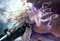 Rule 34 | 1girl, armor, black shirt, blonde hair, blue dress, blue eyes, blurry, blurry background, collarbone, cygnus (maplestory), dress, floating hair, hair intakes, heterochromia, highres, holding, holding sword, holding weapon, long hair, long sleeves, looking at viewer, maplestory, parted lips, purple eyes, rain, shirt, shoulder armor, silver hair, sleeveless, sleeveless dress, solo, standing, striped clothes, striped dress, sword, vardan, very long hair, weapon