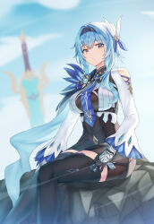 Rule 34 | 1girl, absurdres, bare shoulders, black gloves, black hairband, black shorts, black thighhighs, blue hair, blue necktie, blue sky, breasts, clothing cutout, cloud, commentary, day, eula (genshin impact), feet out of frame, genshin impact, gloves, hair ornament, hairband, highres, large breasts, long hair, looking at viewer, necktie, planted, planted sword, planted weapon, shirt, shorts, shoulder cutout, sitting, sky, solo, sword, thighhighs, thighs, weapon, white (user gpgw2383), white shirt