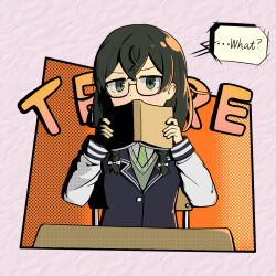 Rule 34 | ..., 1girl, black-framed eyewear, black hair, blazer, blue jacket, book, bow, braid, buttons, cevio, chair, commentary, covering own mouth, crossed bangs, desk, double-parted bangs, english text, framed, glasses, gradient text, green eyes, green necktie, grey vest, hair bow, halftone, halftone background, hanakuma chifuyu, highres, holding, holding book, jacket, lapels, layered clothes, light blush, long hair, long sleeves, low twin braids, multicolored clothes, multicolored jacket, necktie, notched lapels, omakeshigu, on chair, open book, orange background, outside border, paper texture, school chair, school desk, semi-rimless eyewear, shirt, shy, sleeve cuffs, solo, speech bubble, striped, synthesizer v, twin braids, two-tone jacket, under-rim eyewear, upper body, v-neck, vest, white background, white bow, white jacket, white shirt, white stripes