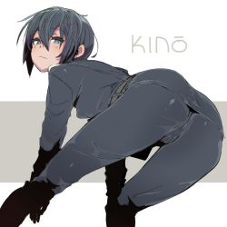 Rule 34 | 1girl, ass, belt, bent over, black hair, blue eyes, blush, boots, breasts, ettone, formal, gloves, impossible clothes, kino (kino no tabi), kino no tabi, looking at viewer, looking back, messy hair, multicolored background, short hair, simple background, small breasts, smile, smug, source request, striped, striped background, suit, tomboy, white background