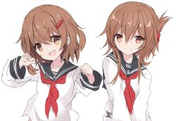 Rule 34 | 2girls, anchor symbol, black sailor collar, brown eyes, brown hair, closed mouth, core (mayomayo), fang, folded ponytail, hair between eyes, hair ornament, hairclip, highres, ikazuchi (kancolle), inazuma (kancolle), kantai collection, long hair, long sleeves, multiple girls, neckerchief, open mouth, red neckerchief, sailor collar, school uniform, serafuku, short hair, simple background, smile, upper body, white background