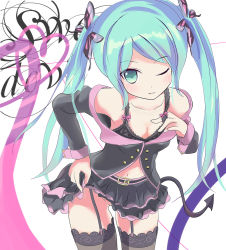 Rule 34 | 1girl, belt, bra, clothes lift, demon tail, garter straps, green eyes, green hair, gumo, hatsune miku, honey whip (module), long hair, matching hair/eyes, no panties, one eye closed, project diva (series), project diva f, skirt, skirt lift, solo, sweet devil (vocaloid), tail, thighhighs, twintails, underwear, very long hair, vocaloid, wink