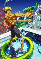 Rule 34 | 1boy, bad id, bad pixiv id, blonde hair, city, goggles, grin, hand on own hip, hip focus, male focus, manabu adachi, muscular, nature, original, outdoors, plant, reflection, rooftop, topless male, shorts, sky, smile, solo, tan, wading pool, water, water gun