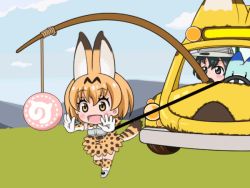 Rule 34 | 10s, 2girls, :d, animal ears, animated, animated gif, bare shoulders, belt, black eyes, black hair, blonde hair, blue sky, blush, bow, bowtie, breasts, brown belt, brown hair, bucket hat, cat ears, cat tail, chasing, chibi, cloud, day, driving, elbow gloves, food, gloves, grass, grey shirt, hair between eyes, hat, hat feather, high-waist skirt, japari bun, japari bus, kaban (kemono friends), kemono friends, leash, looking away, lucky beast (kemono friends), mameshiba (pixiv 59310), medium breasts, mountain, multicolored clothes, multicolored gloves, multicolored hair, multicolored legwear, multiple girls, open mouth, outdoors, outstretched arms, outstretched hand, print skirt, robot, rope, running, safari hat, serval (kemono friends), serval print, serval tail, shirt, short hair, skirt, sky, sleeveless, sleeveless shirt, smile, stick, streaked hair, tail, tail wagging, thighhighs, vehicle, yellow eyes
