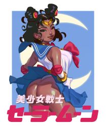Rule 34 | 1girl, absurdres, animification, ass, bishoujo senshi sailor moon, black hair, blue sailor collar, blue skirt, breasts, choker, closed mouth, clothes lift, cosplay, crescent, curly hair, dark-skinned female, dark skin, elbow gloves, from side, gloss (hotglossed), gloves, highleg, highleg leotard, highres, huge ass, large breasts, leotard, looking at viewer, looking back, magical girl, megan thee stallion, miniskirt, one eye closed, pink choker, pleated skirt, real life, sailor collar, sailor moon, sailor moon (cosplay), sailor senshi uniform, shiny skin, short hair, skirt, skirt lift, sleeveless, smile, solo, standing, thong, white gloves, white leotard, wide hips