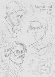 3boys absurdres bottle cigarette closed_mouth copyright_name curly_hair disco_elysium english_text facial_hair glasses highres inayat_khan jesper_de_la_guardie male_focus monochrome multiple_boys mustache necktie portrait sacred_and_terrible_air short_hair sketch smoking svrt-degraded tereesz_machejek water_bottle