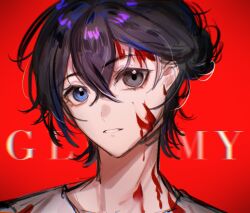 Rule 34 | 1boy, ajiro shinpei, black hair, blood, blood on clothes, blood on face, blood on neck, blue eyes, chinese commentary, commentary, crossed bangs, grey eyes, grey shirt, heterochromia, highres, looking at viewer, male focus, parted lips, portrait, red background, shirt, short hair, simple background, solo, summertime render, t-shirt, wuhu (wuhu009299)