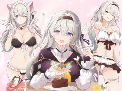 Rule 34 | animal ears, bell, bikini, blue eyes, blush, breasts, cake, cameltoe, cat ears, cleavage, double v, eating, firefly (honkai: star rail), food, fork, gangshangguang (smjy5842), gloves, gluteal fold, grey hair, hair between eyes, hairband, heart, highres, holding, holding fork, honkai: star rail, honkai (series), jewelry, jingle bell, large breasts, long hair, looking at viewer, maid, maid bikini, maid headdress, multicolored eyes, multiple views, navel, necklace, one eye closed, open mouth, outstretched hand, parted lips, pink eyes, scrunchie, shell, shell necklace, skindentation, sparkle, swimsuit, thigh strap, unconventional maid, upskirt, v, white gloves, wrist scrunchie