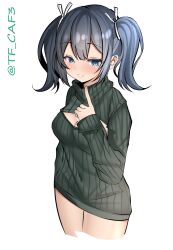 Rule 34 | 1girl, absurdres, blue eyes, blue hair, breasts, cleavage, commentary request, cowboy shot, grey sweater, hair ribbon, highres, kantai collection, large breasts, meme attire, one-hour drawing challenge, open-chest sweater, parted lips, ribbed sweater, ribbon, solo, souryuu (kancolle), sweater, tf cafe, twintails