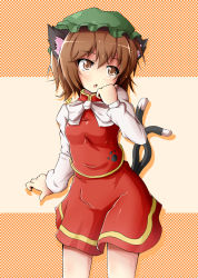 Rule 34 | 1girl, animal ears, bow, brown eyes, brown hair, cat ears, cat girl, cat tail, chen, female focus, hat, highres, multiple tails, rariemonn, short hair, solo, tail, touhou
