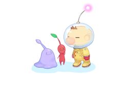 Rule 34 | 1boy, :o, = =, antennae, big nose, brown hair, closed eyes, closed mouth, commentary request, creatures (company), ditto, full body, game freak, gen 1 pokemon, gloves, helmet, leaf, long sleeves, nintendo, olimar, parted lips, pikmin (creature), pikmin (series), pointy ears, pokemon, pokemon (creature), red gloves, saino misaki, shadow, simple background, smile, solid circle eyes, space helmet, spacesuit, standing, transformed ditto, white background