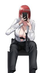 Rule 34 | 1girl, absurdres, bellone, black necktie, black pants, bra, bra pull, breasts, cellphone, chainsaw man, chair, clothes pull, highres, holding, holding phone, large breasts, loose necktie, makima (chainsaw man), necktie, pants, partially unbuttoned, phone, red hair, selfie, shirt, simple background, sitting, smartphone, solo, underwear, white background, white shirt