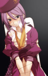 Rule 34 | 00s, 1girl, bdsm, beret, black eyes, bondage, bound, braid, breasts, chair, embarrassed, covered erect nipples, hair between eyes, hat, long hair, medium breasts, melty blood, purple hair, sidelocks, sion eltnam atlasia, sitting, solo, string, torn clothes, tsukihime, type-moon