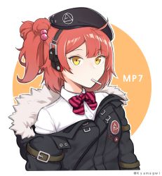 Rule 34 | 1girl, beret, candy, character name, food, girls&#039; frontline, gun, h&amp;k mp7, hair ornament, hat, highres, jacket, kyamagwi, lollipop, long hair, looking at viewer, mp7 (girls&#039; frontline), orange background, outline, pink hair, shirt, simple background, solo, solo focus, submachine gun, weapon, white background, white outline, yellow eyes