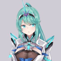 Rule 34 | 1girl, :o, breasts, chest jewel, earrings, green eyes, green hair, grey background, highres, jewelry, large breasts, long hair, pneuma (xenoblade), ponytail, sarasadou dan, simple background, spoilers, swept bangs, tiara, upper body, xenoblade chronicles (series), xenoblade chronicles 2