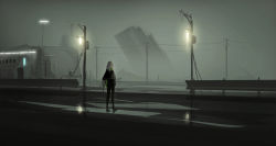 Rule 34 | 1girl, absurdres, asteroid ill, bad id, bad pixiv id, black eyes, black pants, black shirt, building, capelet, fog, green shirt, highres, iz (asteroid ill), lamppost, long hair, looking at viewer, original, pants, post-apocalypse, road, shirt, solo, standing, very long hair, white hair