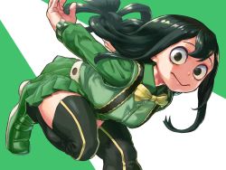 1girl :&gt; asui_tsuyu boku_no_hero_academia bow bow-shaped_hair bowtie breasts commentary_request green_background green_footwear green_hair green_skirt hair_between_eyes hair_rings highres long_hair low-tied_long_hair medium_breasts pleated_skirt skirt solo suspender_skirt suspenders thighhighs white_background yellow_bow yellow_bowtie yomoyama_yotabanashi