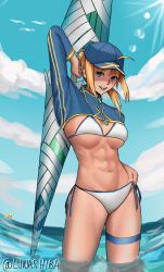 Rule 34 | 1girl, abs, absurdres, ahoge, artoria pendragon (fate), baseball cap, bikini, blonde hair, blue eyes, blue hat, blue sky, breasts, cloud, commentary, day, english commentary, fate/grand order, fate (series), hat, highres, holding, holding weapon, large breasts, looking at viewer, lunashiba, medium hair, mysterious heroine x (fate), mysterious heroine xx (fate), navel, partially submerged, polearm, ponytail, shrug (clothing), side-tie bikini bottom, sky, smile, solo, spear, swimsuit, thigh strap, twinmyniad (fate), wading, water, weapon, white bikini