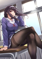 Rule 34 | 1girl, absurdres, black hair, black pantyhose, blue shirt, blue skirt, breasts, ceiling, chair, classroom, closed mouth, collarbone, commentary, crossed legs, desk, feet out of frame, hair blowing, hairband, hand in own hair, highres, kasumigaoka utaha, large breasts, legs, long hair, long sleeves, looking at viewer, on desk, pantyhose, pleated skirt, rebutsu, red eyes, saenai heroine no sodatekata, sailor collar, school chair, school desk, school uniform, serafuku, shirt, sidelocks, sitting, on desk, skirt, solo, thighs, uniform, white sailor collar, window