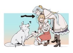 Rule 34 | 2girls, ?, anisphia wynn palettia, arms around neck, arrow (symbol), blonde hair, blue background, blue hair, blush, boots, brown footwear, capelet, closed eyes, closed mouth, coat, commentary request, dog, euphyllia magenta, full body, gradient background, hair ribbon, high heels, highres, hug, hug from behind, jacket, jealous, knee boots, kneeling, lelioz, long sleeves, looking at animal, medium hair, multiple girls, open mouth, orange background, pantyhose, red skirt, ribbon, shirt, shirt tucked in, skirt, smile, standing, tensei oujo to tensai reijou no mahou kakumei, white capelet, white coat, white jacket, white pantyhose, white shirt, yellow ribbon, yuri
