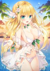 Rule 34 | 1girl, ameto yuki, bare shoulders, bikini, blonde hair, blush, breasts, cloud, collarbone, dress, elf, frilled dress, frills, gem, green eyes, hair ornament, hairpin, hand up, jewelry, lace, lace-trimmed bikini, lace trim, large breasts, leaf, long hair, navel, ocean, open mouth, original, pointy ears, ribbon, sky, swimsuit, very long hair, water drop