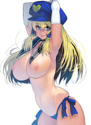 Rule 34 | 1girl, armpits, arms behind head, arms up, bikini, blonde hair, blue cap, blue eyes, blue hat, breasts, commentary request, cowboy shot, curvy, elbow gloves, gloves, hair between eyes, hat, heart, highres, kouno (masao), large breasts, long hair, looking at viewer, navel, nipples, open mouth, original, panties, shiny skin, short twintails, side-tie bikini bottom, side-tie panties, side-tie skirt, simple background, skindentation, smile, solo, standing, swimsuit, tan, topless, twintails, underwear, white background, white gloves