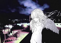 Rule 34 | 1girl, angel wings, cityscape, closed mouth, commentary, completely nude, cowboy shot, dot mouth, empty eyes, feathered wings, floating hair, greyscale with colored background, highres, long hair, night, noroi (rnatataki), nude, original, outdoors, photo background, solo, standing, wings