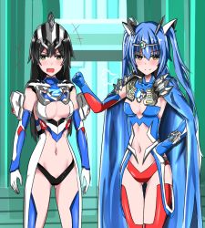 Rule 34 | 2girls, armor, black hair, black panties, blue bodysuit, blue cape, blue gloves, blue hair, blush, bodysuit, bracelet, breasts, breath, cape, cleavage, cleavage cutout, clothing cutout, crystal, fang, gloves, gohan no okawari, grey armor, hair ornament, hand on own hip, headband, headpiece, jewelry, large breasts, long hair, looking at viewer, mega monster battle: ultra galaxy legends the movie, multiple girls, navel, open mouth, panties, personification, pillar, red armor, red bodysuit, red gloves, red panties, smile, standing, twintails, ultimate bracelet, ultra series, ultraman z, ultraman z (series), ultraman zero, underwear, white bodysuit, white gloves, yellow eyes, zero sluggers
