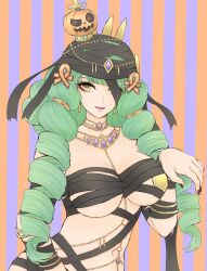Rule 34 | 1girl, bandages, breasts, drill hair, earrings, fiore brunelli, green hair, hair ornament, halloween, halloween costume, hat, higemaccho, highres, jack-o&#039;-lantern, jewelry, large breasts, long hair, looking at viewer, mummy costume, nail polish, naked bandage, navel, open mouth, smile, solo, star ocean, star ocean integrity and faithlessness, twin drills, yellow eyes
