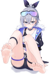 1girl absurdres badge bare_legs barefoot belt black_shorts blue_hair blush breasts button_badge collarbone crop_top cropped_jacket crossed_bangs eyelashes eyewear_on_head feet foot_focus full_body fur-trimmed_jacket fur_trim grey_eyes grey_hair hair_between_eyes hair_ornament hairclip highres honkai:_star_rail honkai_(series) jacket knees_up legs looking_at_viewer multicolored_hair nail_polish partially_unzipped ponytail porty_ramram purple-tinted_eyewear purple_nails shirt short_shorts shorts silver_wolf_(honkai:_star_rail) simple_background single-shoulder_shirt sitting small_breasts smell soles solo steaming_body streaked_hair sweatdrop thigh_strap tinted_eyewear toenail_polish toenails toes white_background