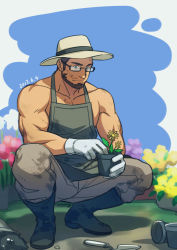 Rule 34 | 1boy, apron, bara, bare arms, bare shoulders, beard, black-framed eyewear, dirty, dirty clothes, facial hair, field, flower, flower field, full body, gloves, grey apron, hat, highres, koji (wildlhz), large pectorals, male focus, mature male, muscular, muscular male, original, pectorals, plant, potted plant, short hair, sidepec, smile, solo, squatting, white gloves, white hat