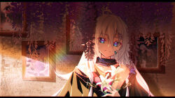 Rule 34 | 1girl, ahoge, black shirt, blue eyes, braid, closed mouth, collarbone, dot nose, flower, hair between eyes, hair ornament, hairclip, highres, holding, holding flower, holding scroll, ia (vocaloid), light rays, long hair, looking at viewer, loose clothes, loose shirt, maboroshi hane, picture frame, scroll, shirt, smile, solo, sparkle, twin braids, very long hair, vocaloid, white flower, white hair, wisteria
