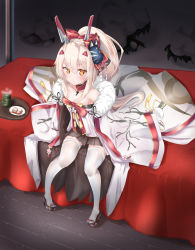 Rule 34 | 1girl, absurdres, ayanami (azur lane), ayanami (pulse of the new year) (azur lane), azur lane, bare shoulders, blurry, breasts, chopsticks, cleavage, commentary request, cup, depth of field, detached collar, food, fox mask, from above, full body, fur trim, hair ornament, hairclip, headgear, highres, long hair, looking at viewer, looking up, mask, mask on head, off shoulder, orange eyes, plate, pleated skirt, ponytail, retrofit (azur lane), shinka (user rcem8835), sidelocks, silver hair, sitting, skirt, snow, solo, steam, tea, thighhighs, white thighhighs, wide sleeves, yunomi, zettai ryouiki