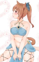Rule 34 | 10s, 1girl, animal ears, bad id, bad pixiv id, bandeau, bare shoulders, barefoot, blush, bow, brown eyes, brown hair, cat ears, cat tail, final fantasy, final fantasy xiv, hair bow, highres, long hair, looking to the side, miqo&#039;te, navel, ponytail, rima (rimarip), simple background, sitting, solo, tail, v arms, wariza, warrior of light (ff14)