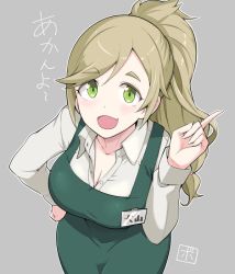 Rule 34 | 1girl, :d, ?, apron, blush, bowieknife, breasts, cashier, cleavage, collarbone, collared shirt, eyebrows, fang, green eyes, grey background, half-closed eyes, hand on own hip, index finger raised, inuyama aoi, large breasts, leaning forward, long sleeves, looking at viewer, name tag, open mouth, shirt, simple background, skin fang, smile, solo, swept bangs, text focus, thick eyebrows, unbuttoned, unbuttoned shirt, yurucamp