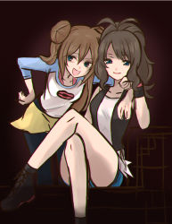 Rule 34 | 2girls, antenna hair, arm around neck, black footwear, black legwear, black vest, blue eyes, blue shorts, breasts, brown background, brown hair, collarbone, creatures (company), crossed legs, double bun, female focus, game freak, hair bun, hand on own hip, hand up, hilda (pokemon), leaning forward, long hair, long sleeves, looking at viewer, looking to the side, multiple girls, nintendo, open mouth, pantyhose, poke ball theme, pokemon, pokemon bw, pokemon bw2, ponytail, ririse, rosa (pokemon), shirt, shoes, short shorts, shorts, simple background, sitting, sleeveless, sleeveless shirt, small breasts, smile, standing, twintails, vest, white shirt, wristband, yellow shorts