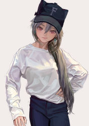 Rule 34 | 1girl, artist name, blush, breasts, earrings, fkey, grey hair, hair between eyes, hand on own hip, hat, highres, jewelry, original, ponytail, red eyes, simple background, sleeves past wrists, slit pupils, smile, solo, white background