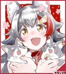 Rule 34 | 1girl, animal ear fluff, animal ears, black hair, blush, border, commentary request, fox ears, fox girl, hair between eyes, hair ornament, hairclip, holding, hololive, kurose kousuke, looking at viewer, miofa (ookami mio), ookami mio, open mouth, paw print, red hair, smile, virtual youtuber, wolf ears, wolf girl