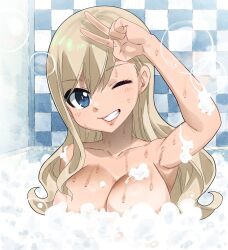 Rule 34 | 1girl, bath, blonde hair, blue eyes, breasts, cleavage, collarbone, colorized, eden&#039;s zero, gaston18, highres, large breasts, long hair, looking at viewer, mashima hiro, nude, one eye closed, rebecca bluegarden, smile, solo