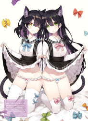 Rule 34 | 2girls, animal ear fluff, animal ears, ayamy, black hair, bow, bowtie, braid, breasts, brown eyes, cat ears, cat girl, cat tail, closed mouth, clothes lift, collared dress, crotch seam, dengeki moeou, dress, dress lift, fang, green eyes, groin, hair between eyes, hair bow, highres, kneeling, lifting own clothes, long hair, long sleeves, looking at viewer, medium breasts, multicolored hair, multiple girls, navel, one eye closed, panties, purple hair, short hair, side-by-side, skirt, suspender skirt, suspenders, tail, thighhighs, twin braids, two-tone hair, underwear, white dress, white legwear, white panties