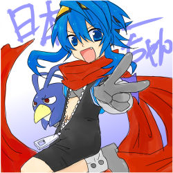 Rule 34 | 1girl, blue eyes, blue hair, character request, female focus, gamaruta, gloves, goggles, gradient background, gust, long hair, matching hair/eyes, neptune (series), nippon ichi, open mouth, prinny, scarf, sega, solo, unzipped, v, zipper
