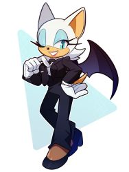 Rule 34 | 1girl, bat wings, black footwear, black jacket, black pants, breasts, commentary request, eyeshadow, formal, furry, furry female, gloves, grin, hand on own hip, highres, jacket, korean commentary, lapels, makeup, necktie, notched lapels, one eye closed, pants, rouge the bat, shirt, smile, solo, sonic (series), suit, tail, weon1119, white gloves, white shirt, wings