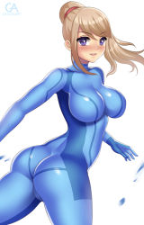 Rule 34 | 1girl, arm behind back, armpits, arms at sides, ass, back, blonde hair, blue eyes, blush, bodysuit, breasts, cameltoe, colored eyelashes, covered collarbone, cowboy shot, eyelashes, grigorart, hair between eyes, impossible clothes, large breasts, legs apart, long hair, looking at viewer, metroid, metroid: other m, nintendo, samus aran, simple background, skin tight, solo, standing, swept bangs, thighs, white background, zero suit