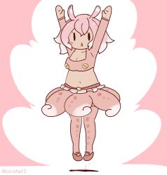 Rule 34 | 1girl, arms up, belt, coroha, fins, full body, head fins, japanese pancake devilfish (kemono friends), jumping, kemono friends, kemono friends 3, looking at viewer, navel, pink background, pink hair, shirt, shoes, short hair, simple background, skirt, solo, thighhighs
