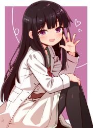 Rule 34 | 1girl, belt, black hair, black pantyhose, bow, bowtie, brown belt, coat, commentary request, dress, facing to the side, green coat, hand on own knee, hand up, heart, highres, knee up, lab coat, light blush, long hair, looking at viewer, open mouth, original, pantyhose, purple eyes, red bow, red bowtie, school uniform, serafuku, simple background, sitting, solo, waving, white coat, white dress, yukinagi