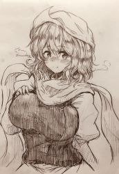 Rule 34 | 1girl, blush, breasts, closed mouth, efukei, hair between eyes, hat, highres, lapel pin, large breasts, letty whiterock, long sleeves, looking at viewer, monochrome, puffy sleeves, scarf, short hair, solo, touhou, traditional media