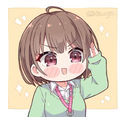 Rule 34 | 1girl, ahoge, blush, breasts, brown hair, hair ornament, harusaki nodoka, hololive, kukie-nyan, looking at viewer, open mouth, red eyes, short hair, smile, solo, twitter username, virtual youtuber