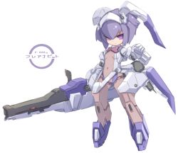 Rule 34 | 1girl, breasts, brown leotard, character request, closed mouth, commentary request, covered navel, desktop army, gun, hair between eyes, hand up, holding, holding gun, holding weapon, karukan (monjya), leotard, looking at viewer, mecha musume, purple eyes, purple hair, short hair, sidelocks, small breasts, solo, standing, weapon