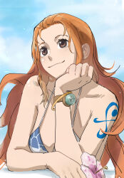 Rule 34 | 1girl, arm tattoo, bad id, bad twitter id, bare shoulders, bikini, breasts, brown eyes, closed mouth, collarbone, female focus, flower, highres, holding, holding flower, icebuko, large breasts, long hair, nami (one piece), one piece, orange hair, smile, solo, swimsuit, tattoo, two-tone bikini
